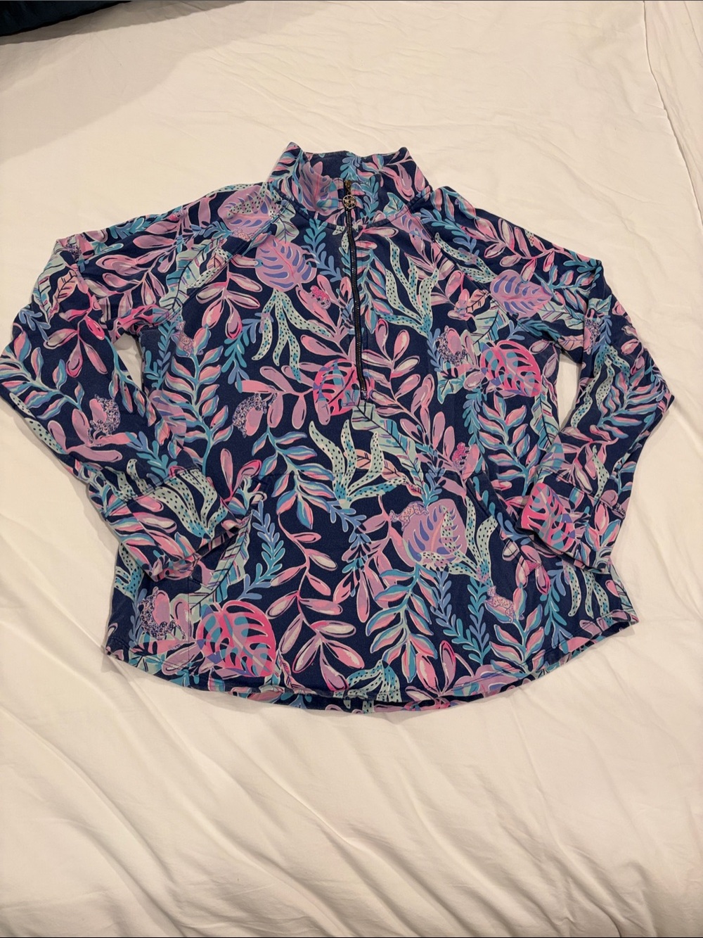 Lilly Pulitzer Navy Pullover Jacket with Pink & Aqua Leaf Print